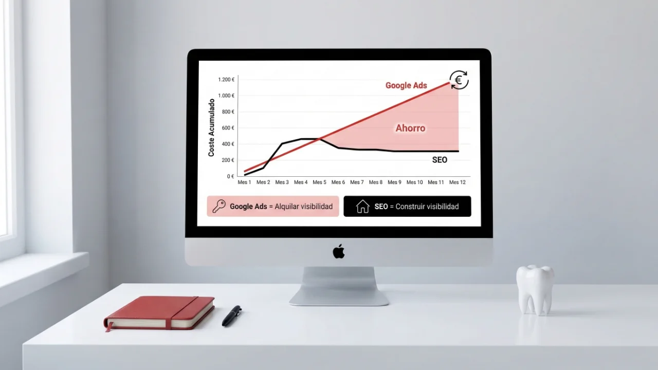 Comparativa de coste acumulado SEO vs Google Ads para clínicas dentales a 12 meses